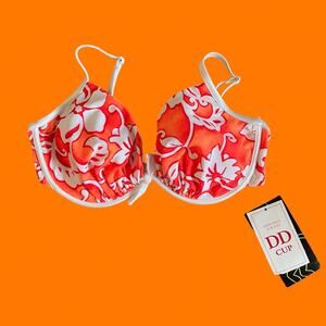 90's vintage orange tropical floral hibiscus bikini top LARGE DD cup *deadstock*